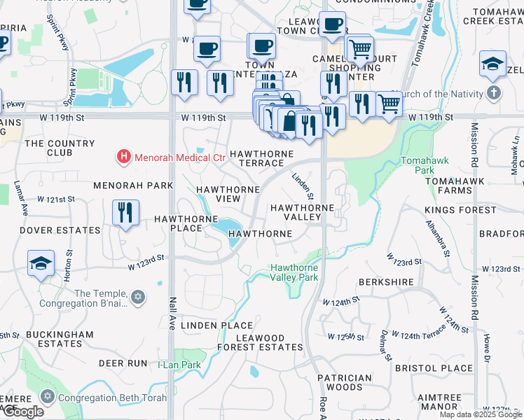 map of restaurants, bars, coffee shops, grocery stores, and more near 12122 Juniper Street in Leawood
