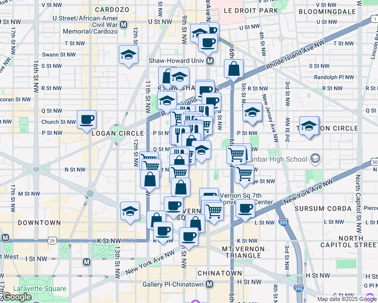 map of restaurants, bars, coffee shops, grocery stores, and more near 810 O Street Northwest in Washington