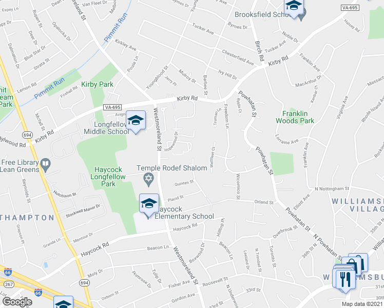 map of restaurants, bars, coffee shops, grocery stores, and more near 6604 Midhill Place in Falls Church