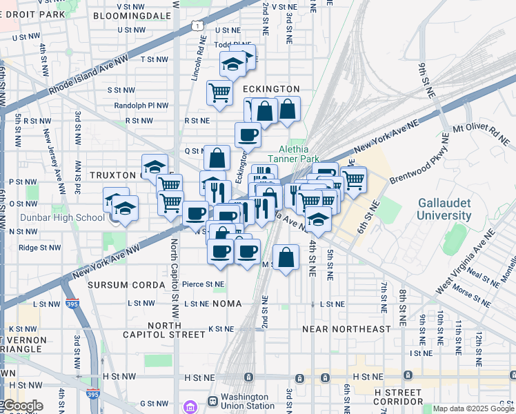 map of restaurants, bars, coffee shops, grocery stores, and more near 111 O Street Northeast in Washington