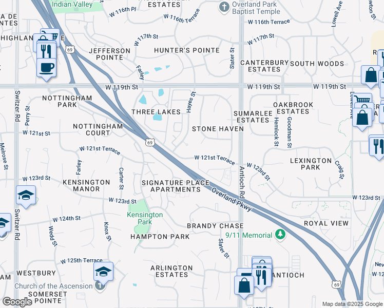 map of restaurants, bars, coffee shops, grocery stores, and more near 9322 West 121st Terrace in Overland Park