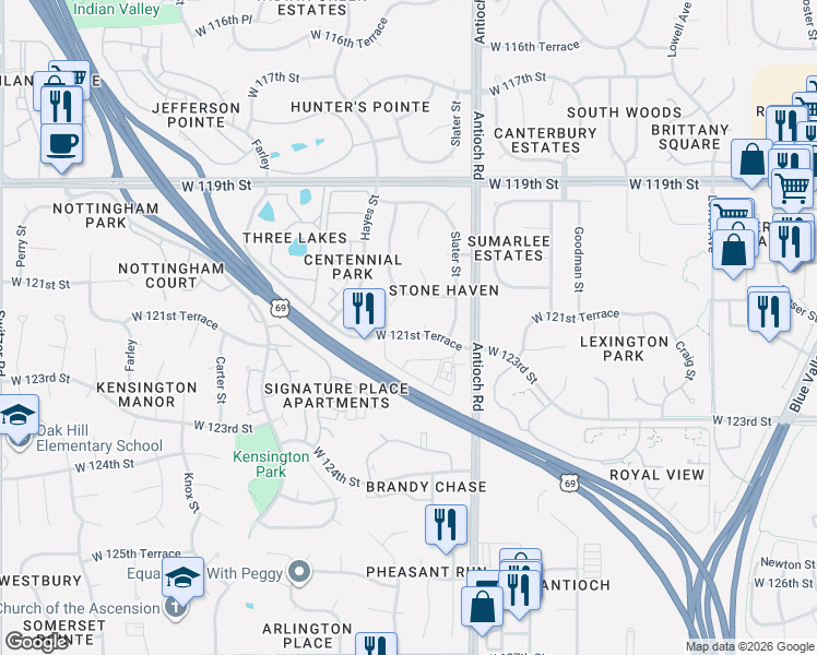 map of restaurants, bars, coffee shops, grocery stores, and more near 9200 West 121st Terrace in Overland Park