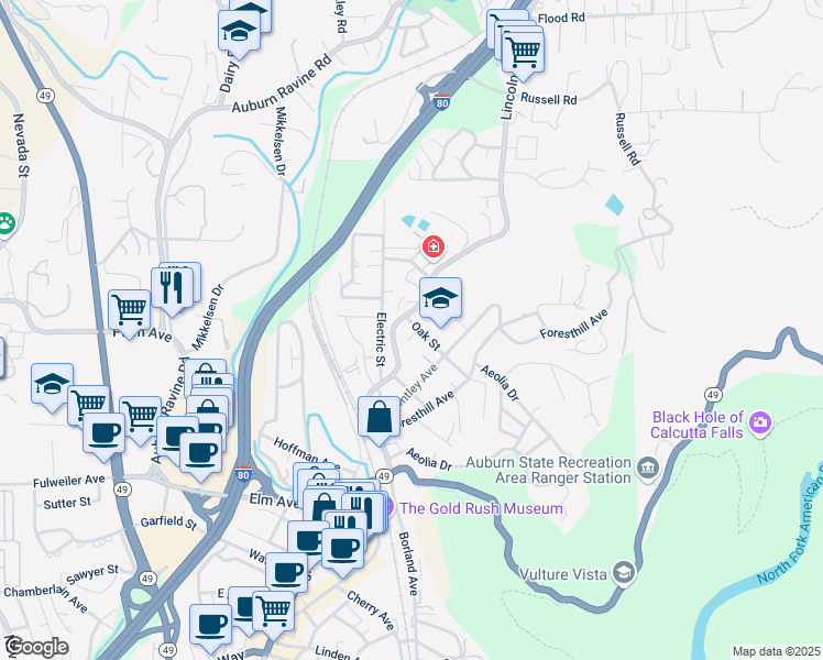 map of restaurants, bars, coffee shops, grocery stores, and more near 126 Oak Street in Auburn
