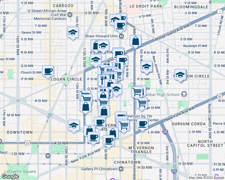 map of restaurants, bars, coffee shops, grocery stores, and more near 810 O Street Northwest in Washington