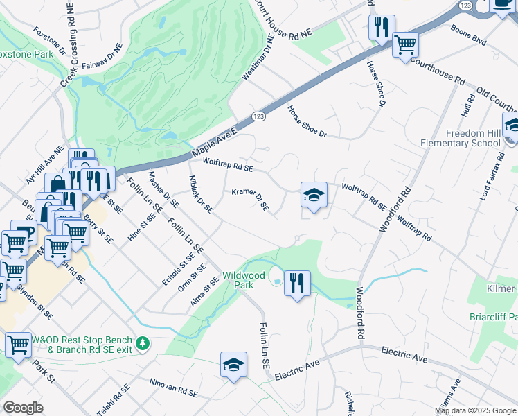 map of restaurants, bars, coffee shops, grocery stores, and more near 501 Kramer Drive Southeast in Vienna