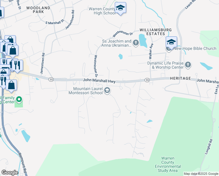 map of restaurants, bars, coffee shops, grocery stores, and more near 1307 Robinhood Lane in Front Royal