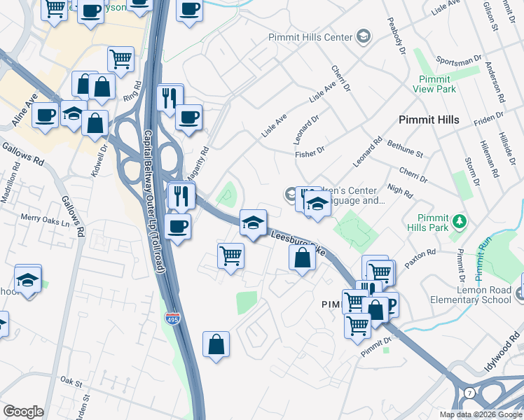 map of restaurants, bars, coffee shops, grocery stores, and more near 2009 Tysons Ridgeline Road in Pimmit Hills