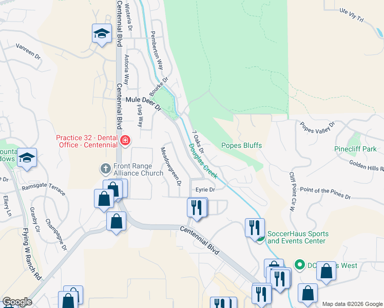 map of restaurants, bars, coffee shops, grocery stores, and more near 5305 Mule Deer Drive in Colorado Springs
