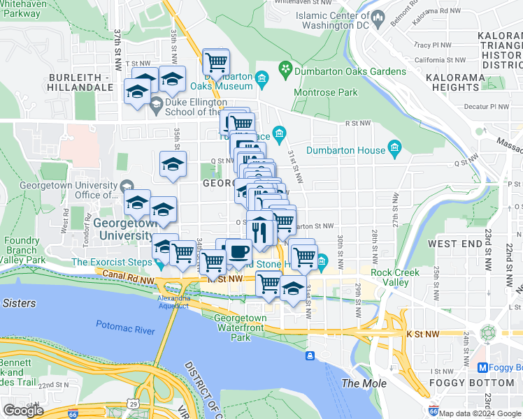 map of restaurants, bars, coffee shops, grocery stores, and more near 1428 Wisconsin Avenue Northwest in Washington