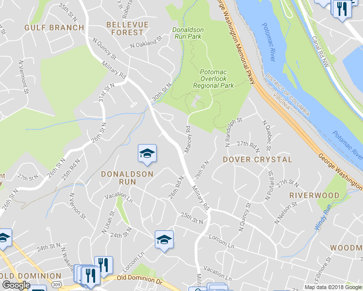 map of restaurants, bars, coffee shops, grocery stores, and more near 2659 Military Road in Arlington