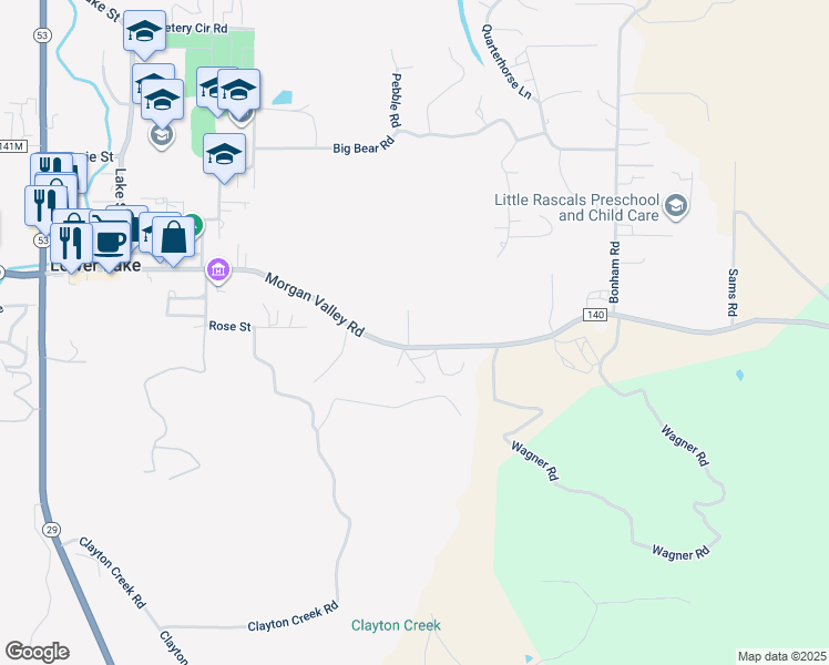 map of restaurants, bars, coffee shops, grocery stores, and more near 16820 Morgan Valley Road in Lower Lake