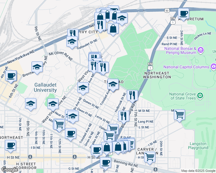 map of restaurants, bars, coffee shops, grocery stores, and more near 1277 Simms Place Northeast in Washington