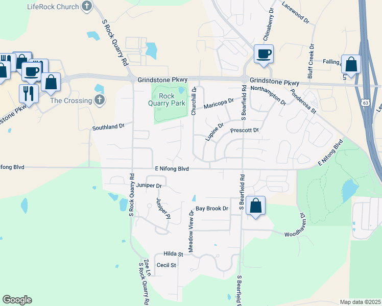 map of restaurants, bars, coffee shops, grocery stores, and more near 3716 Churchill Drive in Columbia