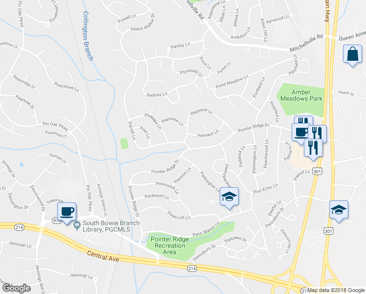 map of restaurants, bars, coffee shops, grocery stores, and more near 1400 Perrell Lane in Bowie