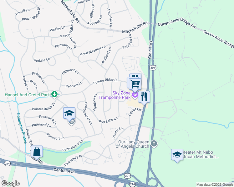 map of restaurants, bars, coffee shops, grocery stores, and more near 1306 Port Echo Lane in Bowie