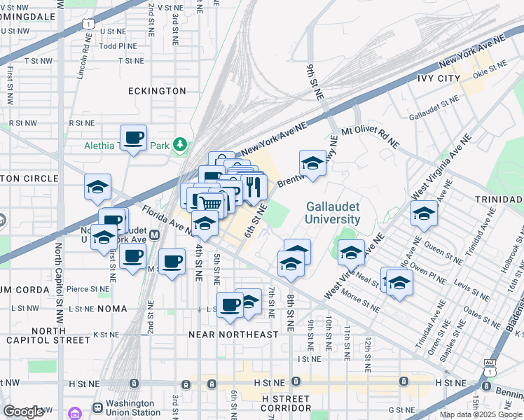 map of restaurants, bars, coffee shops, grocery stores, and more near 6th Street Northeast in Washington