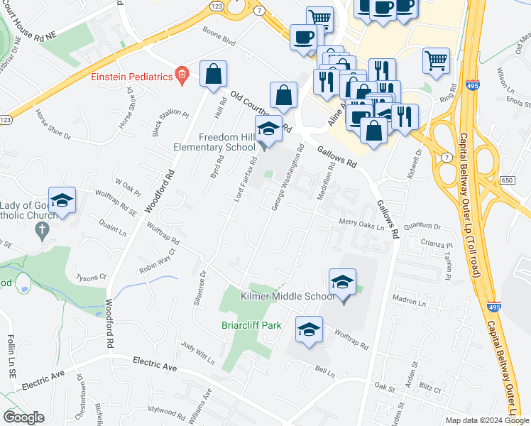 map of restaurants, bars, coffee shops, grocery stores, and more near 8270 Trailwood Court in Vienna