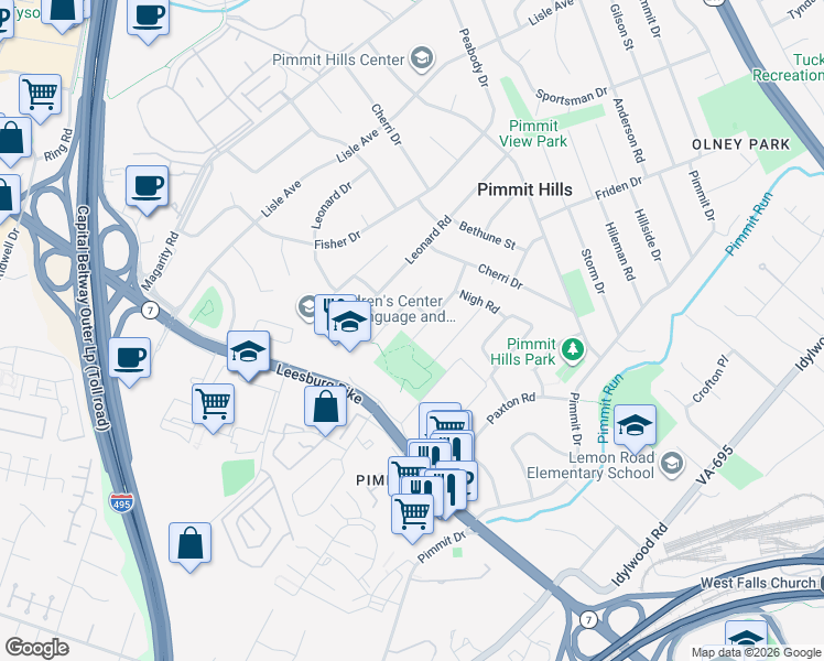 map of restaurants, bars, coffee shops, grocery stores, and more near 2022 Burfoot Street in Falls Church