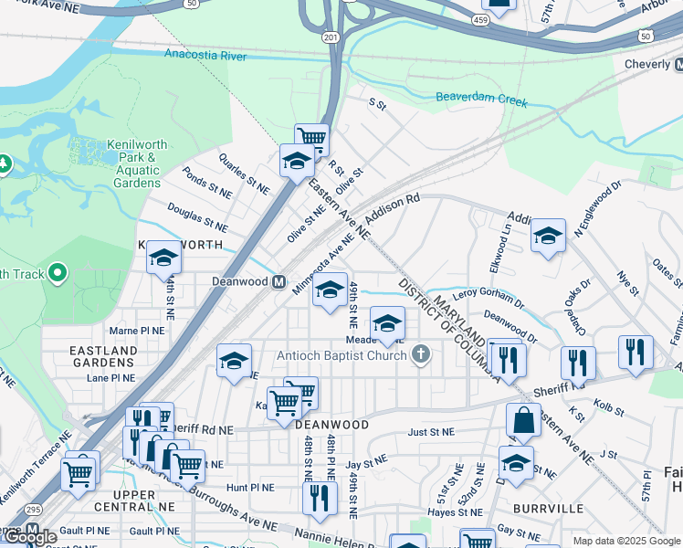 map of restaurants, bars, coffee shops, grocery stores, and more near 1350 49th Street Northeast in Washington