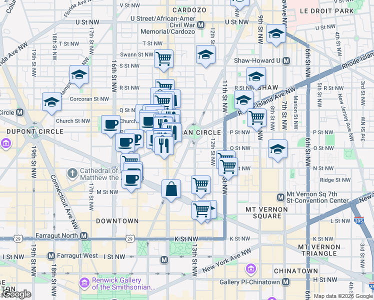 map of restaurants, bars, coffee shops, grocery stores, and more near O Street Northwest in Washington