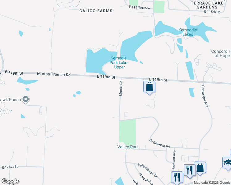 map of restaurants, bars, coffee shops, grocery stores, and more near 12010 Merritt Road in Grandview