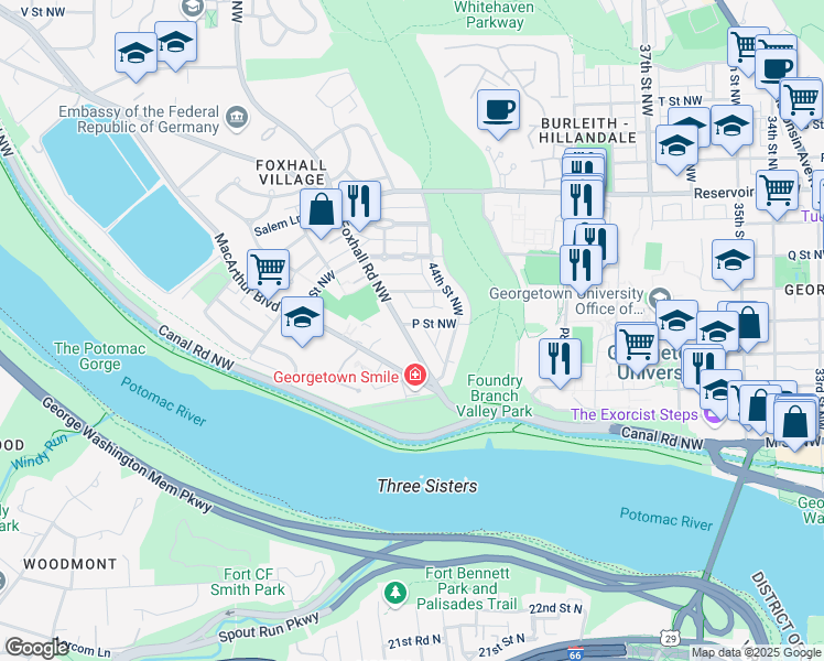 map of restaurants, bars, coffee shops, grocery stores, and more near 1439 Foxhall Road Northwest in Washington