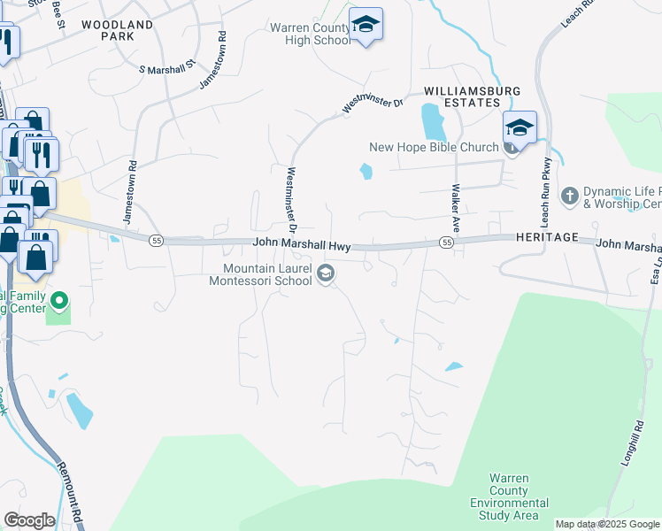 map of restaurants, bars, coffee shops, grocery stores, and more near 1307 Robinhood Lane in Front Royal
