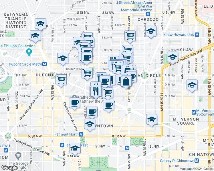 map of restaurants, bars, coffee shops, grocery stores, and more near 1520 O Street Northwest in Washington