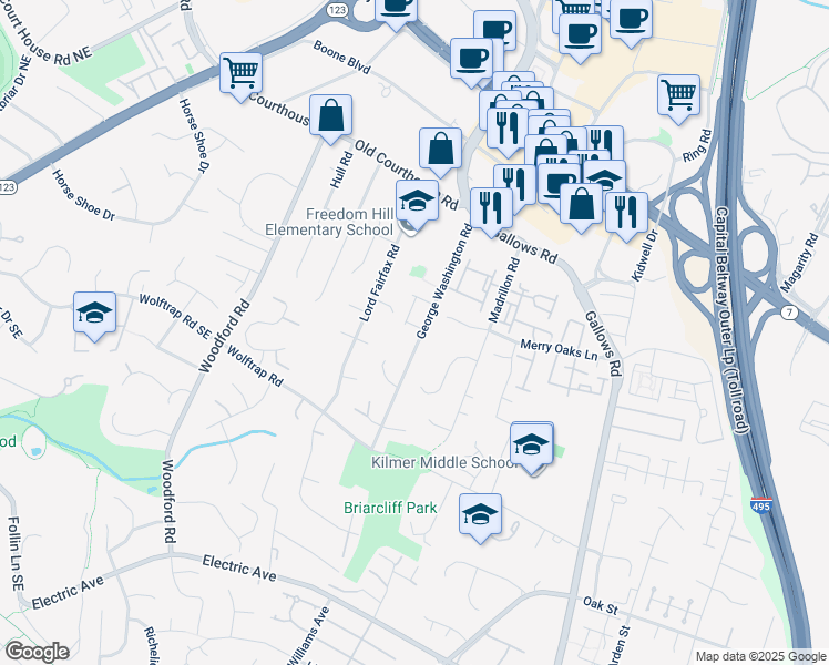 map of restaurants, bars, coffee shops, grocery stores, and more near 8270 Trailwood Court in Vienna