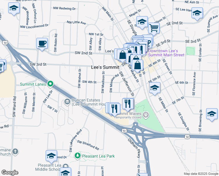 map of restaurants, bars, coffee shops, grocery stores, and more near 404 Southwest Mission Road in Lee's Summit