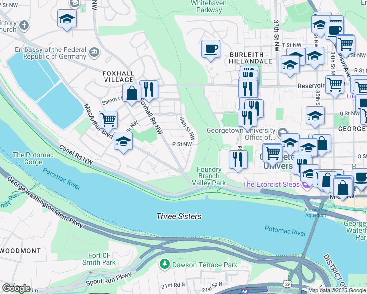 map of restaurants, bars, coffee shops, grocery stores, and more near 4416 P Street Northwest in Washington