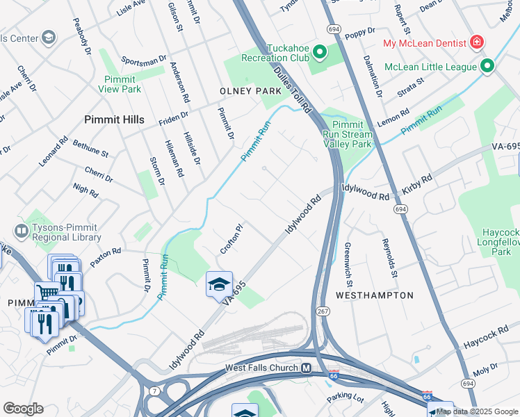 map of restaurants, bars, coffee shops, grocery stores, and more near 2040 Stephanie Marie Drive in Falls Church