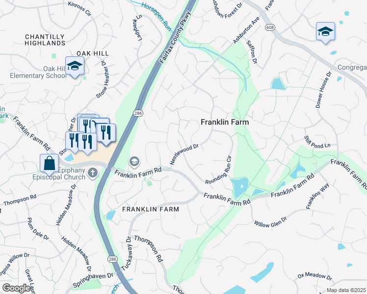 map of restaurants, bars, coffee shops, grocery stores, and more near 3216 Nestlewood Drive in Herndon