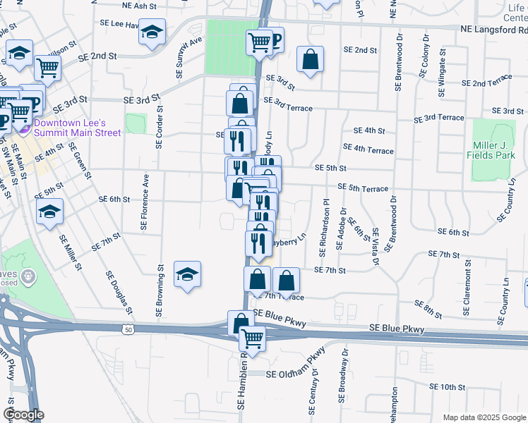 map of restaurants, bars, coffee shops, grocery stores, and more near 543 Southeast Melody Lane in Lee's Summit