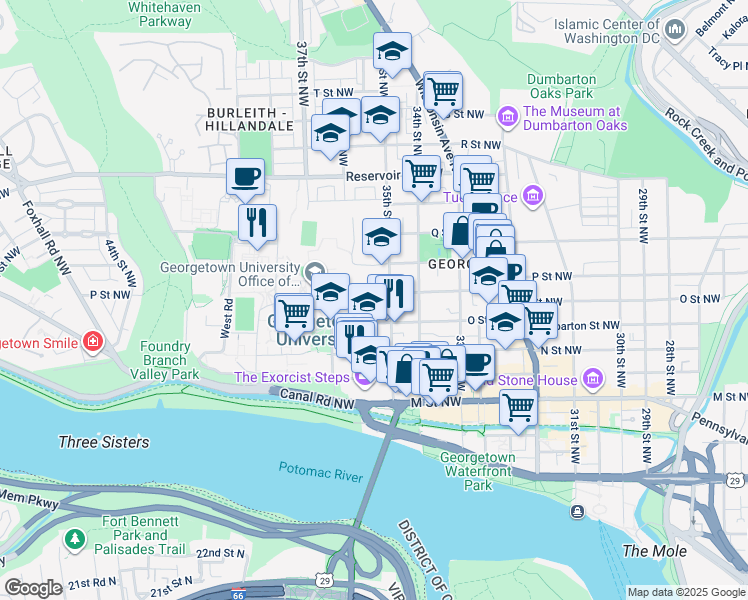 map of restaurants, bars, coffee shops, grocery stores, and more near 3514 P Street Northwest in Washington