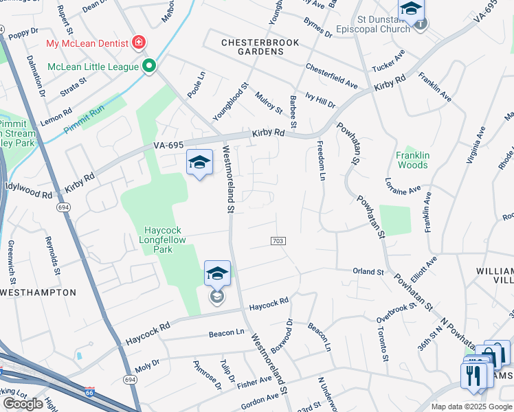 map of restaurants, bars, coffee shops, grocery stores, and more near 2075 Hopewood Drive in Falls Church