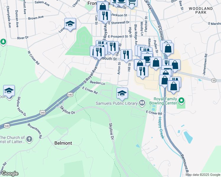 map of restaurants, bars, coffee shops, grocery stores, and more near 707 Parkview Drive in Front Royal