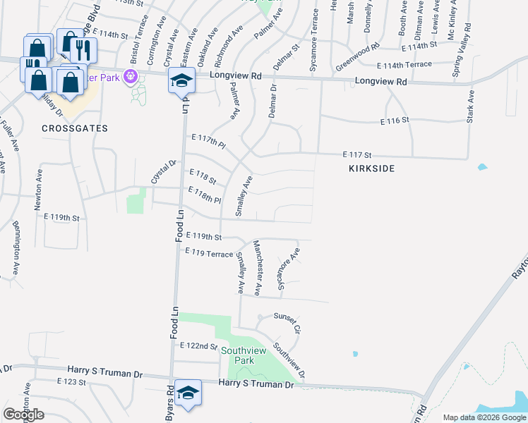 map of restaurants, bars, coffee shops, grocery stores, and more near 7904 East 118th Place in Kansas City