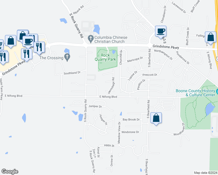 map of restaurants, bars, coffee shops, grocery stores, and more near 3713 Hermitage Road in Columbia