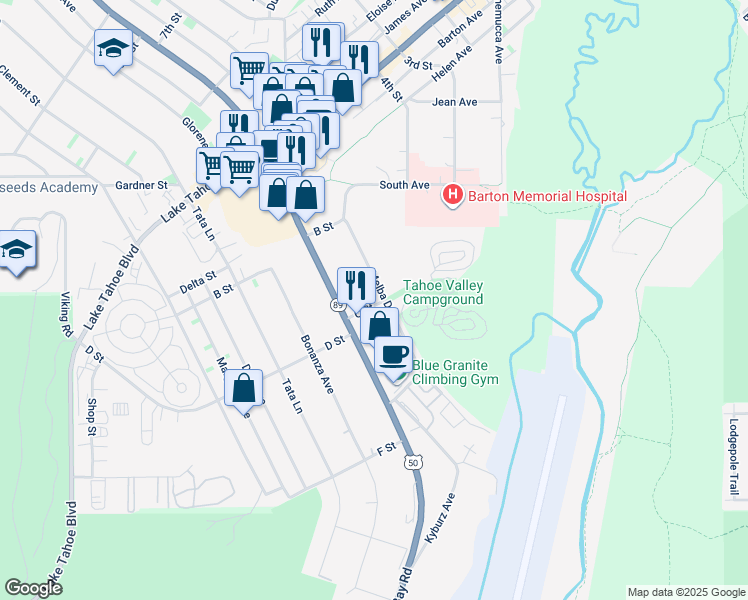 map of restaurants, bars, coffee shops, grocery stores, and more near 1175 Melba Drive in South Lake Tahoe