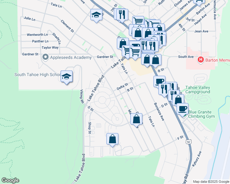 map of restaurants, bars, coffee shops, grocery stores, and more near 1069 Julie Lane in South Lake Tahoe