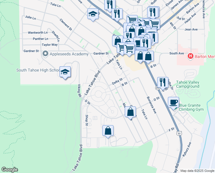 map of restaurants, bars, coffee shops, grocery stores, and more near 1069 Julie Lane in South Lake Tahoe