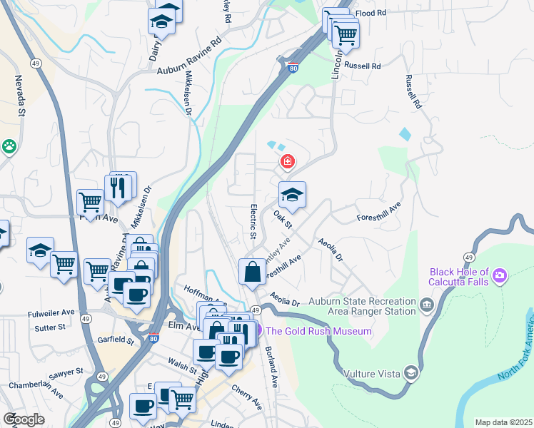 map of restaurants, bars, coffee shops, grocery stores, and more near 126 Oak Street in Auburn