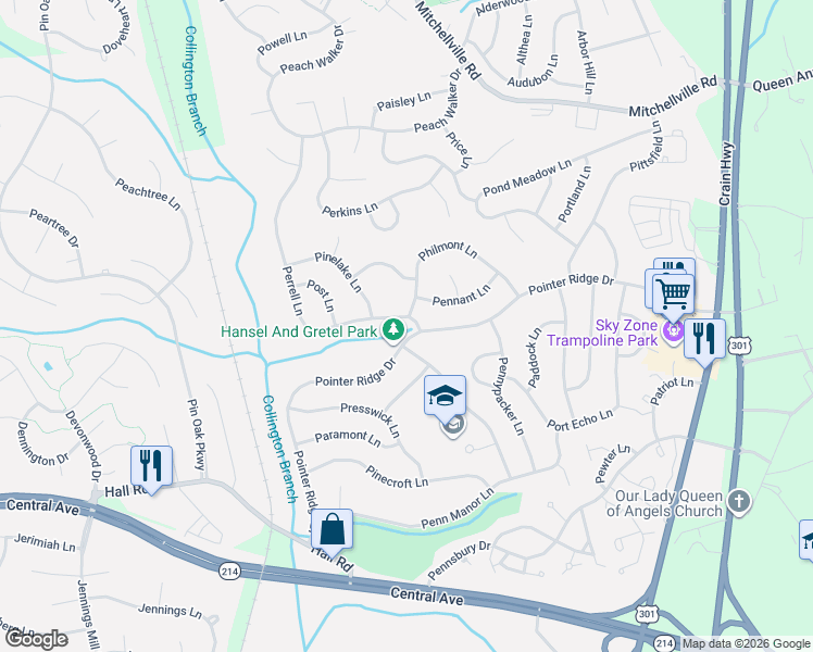 map of restaurants, bars, coffee shops, grocery stores, and more near 1400 Perrell Lane in Bowie