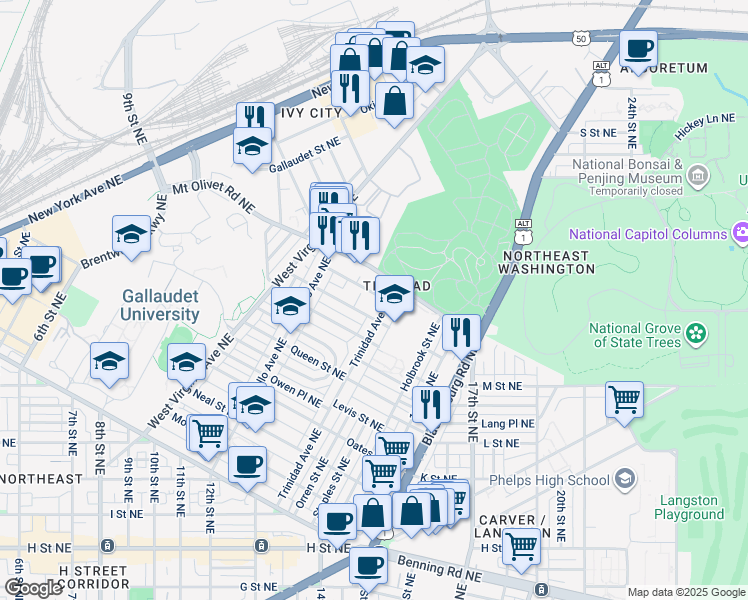 map of restaurants, bars, coffee shops, grocery stores, and more near 101 Independence Avenue Southeast in Washington