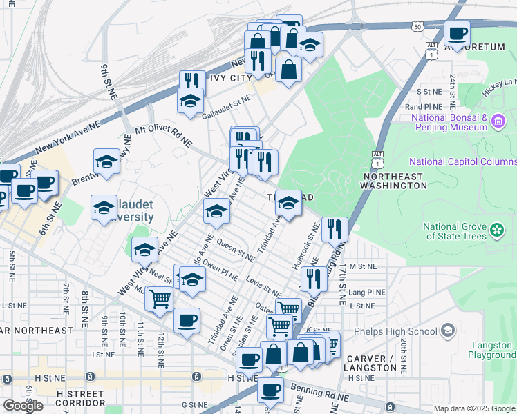 map of restaurants, bars, coffee shops, grocery stores, and more near 101 Independence Avenue Southeast in Washington