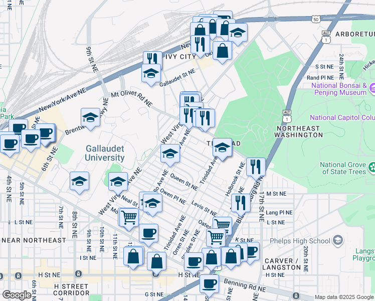 map of restaurants, bars, coffee shops, grocery stores, and more near 101 Independence Avenue Southeast in Washington