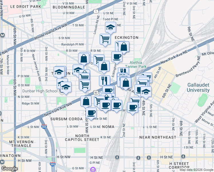 map of restaurants, bars, coffee shops, grocery stores, and more near 101 Independence Avenue Southeast in Washington