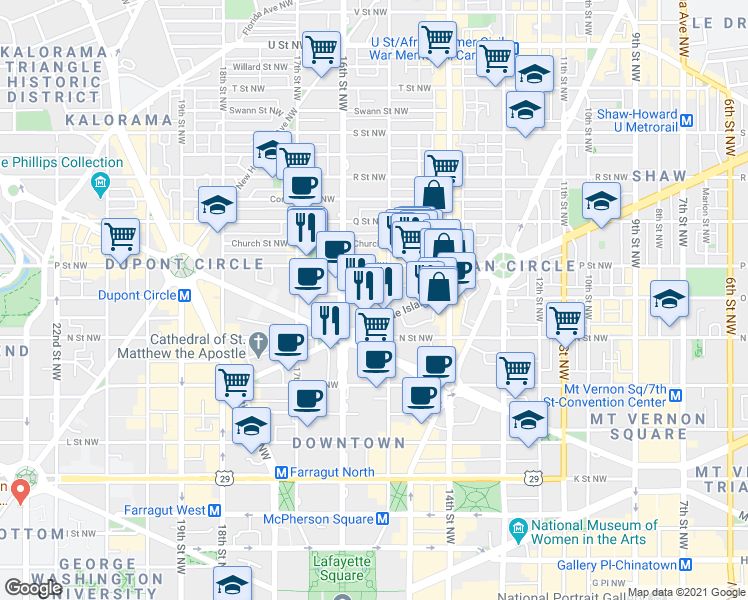 map of restaurants, bars, coffee shops, grocery stores, and more near 101 Independence Avenue Southeast in Washington