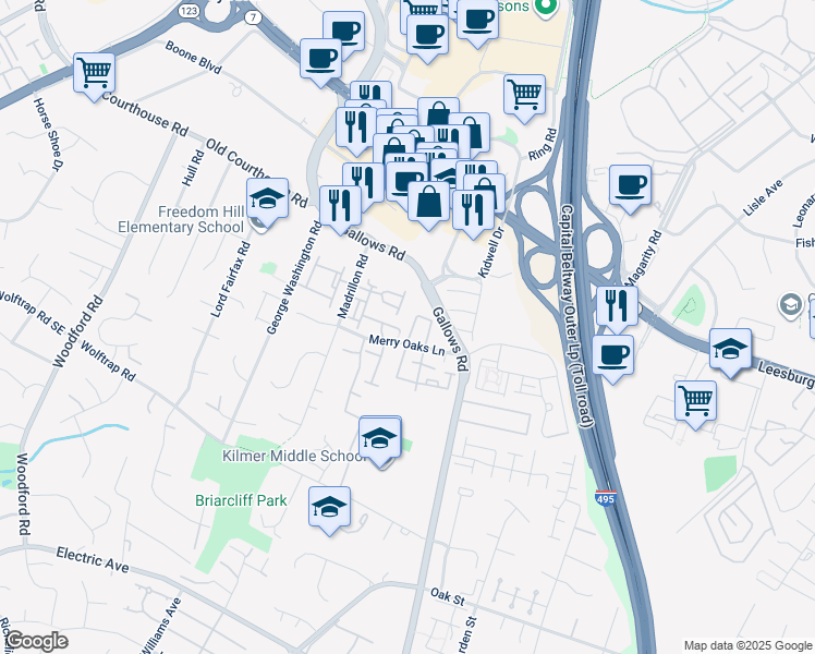 map of restaurants, bars, coffee shops, grocery stores, and more near 2012 Pieris Court in Vienna